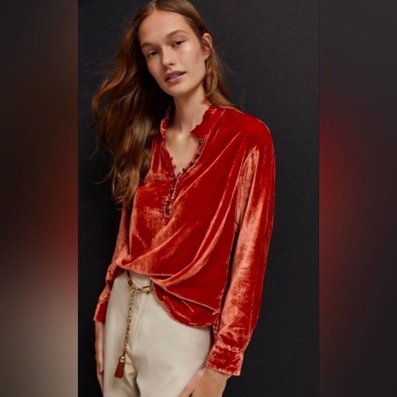 Anthropologie Tops - Anthropologie Burnt Orange Velvet Long Sleeve Blouse
